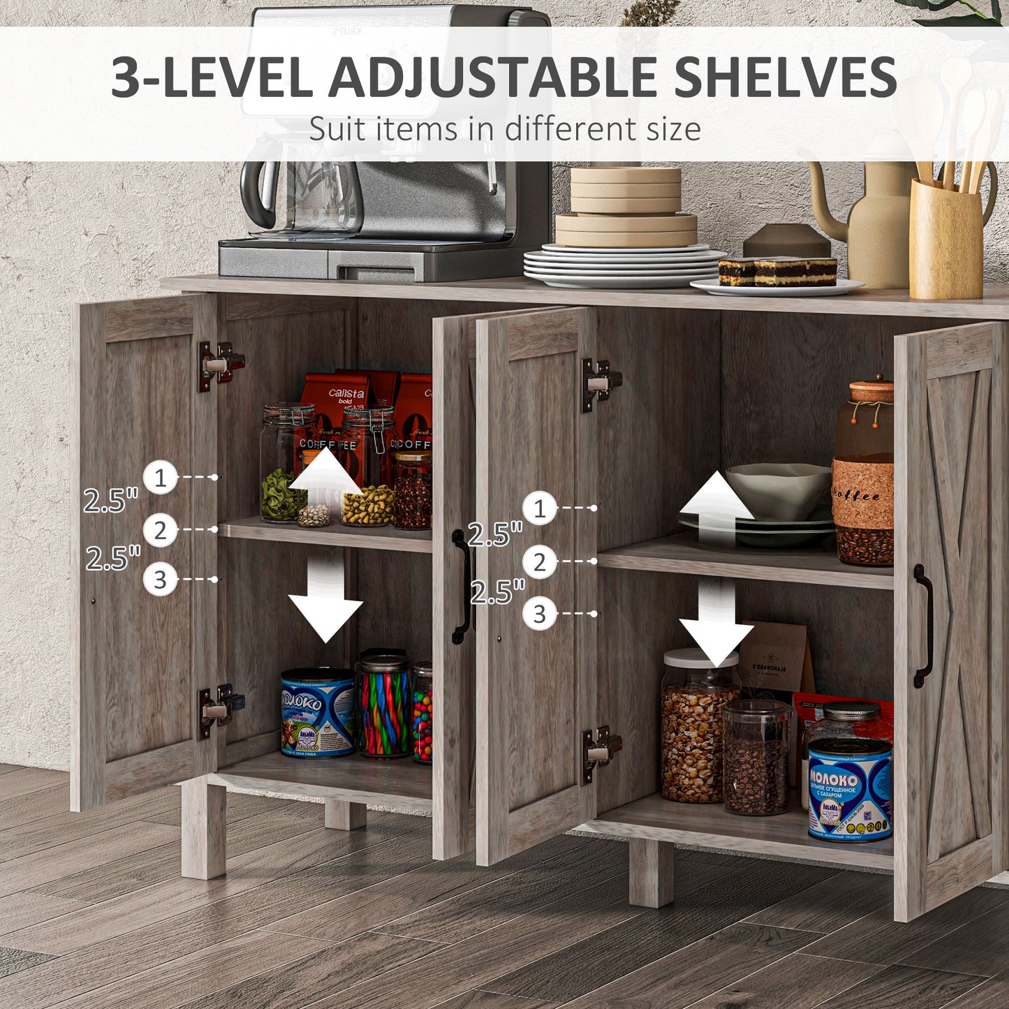Farmhouse Sideboard Buffet with Barn Doors & Adjustable Shelves - Gray