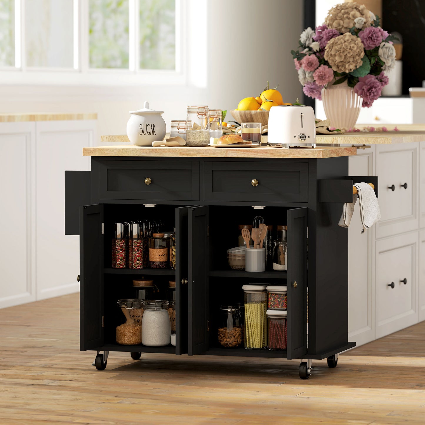 44" Mobile Kitchen Island Cart with Storage - Black