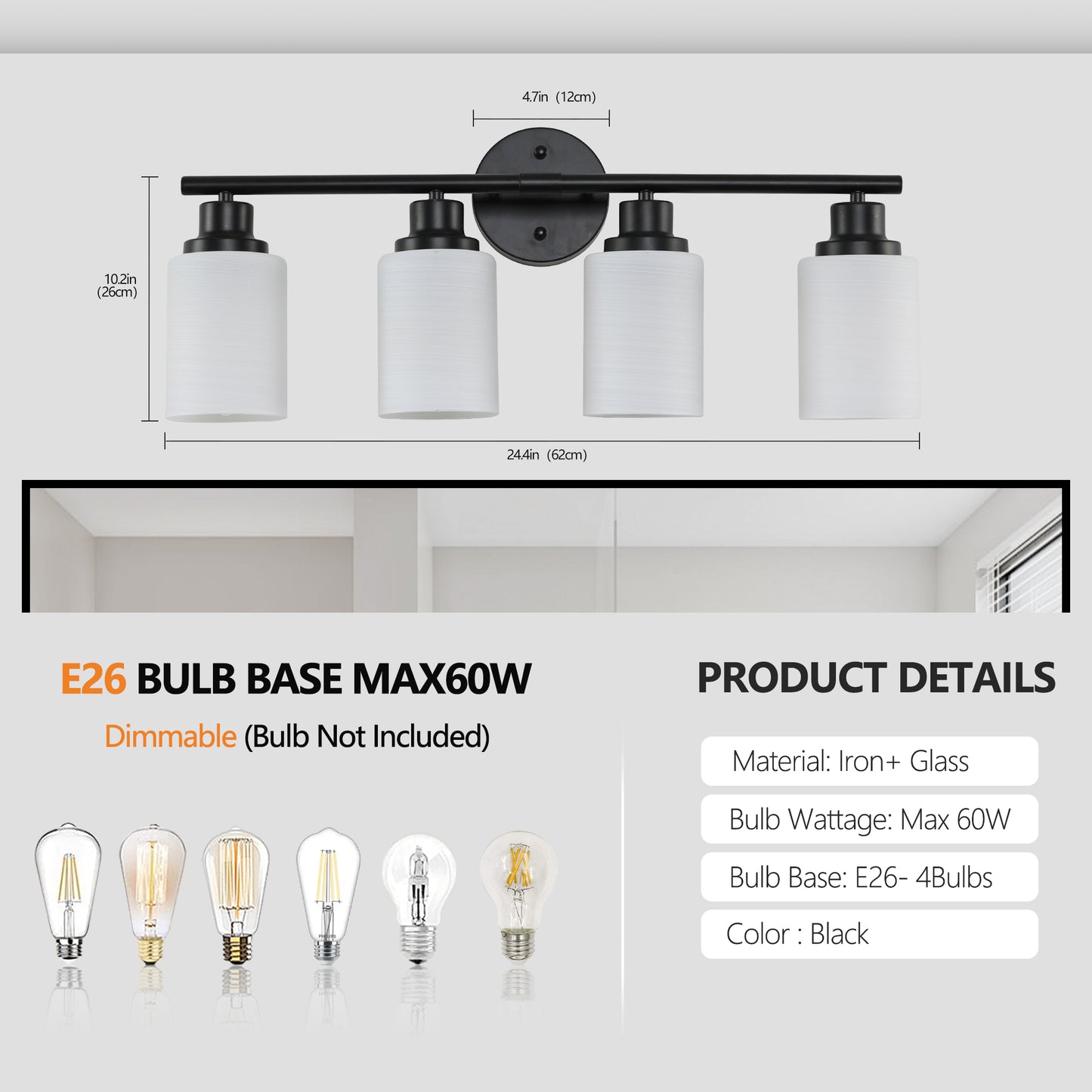 Modern 4-Light Bathroom Vanity Light - Frosted White Glass & Black Iron Frame