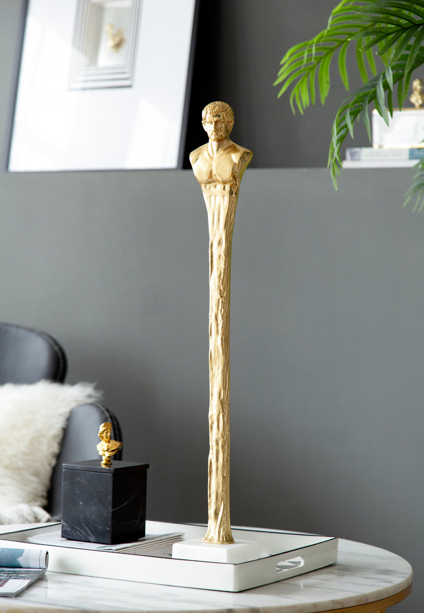 5.5x5.5x32 Elongated Gold Roman Statue On White Marble Base