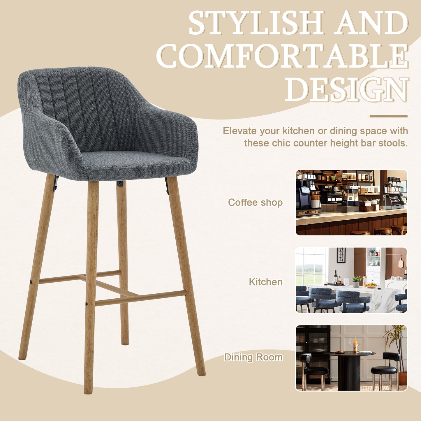 Modern Bar Stools Set of 2 - Gray Linen Upholstered Chairs
