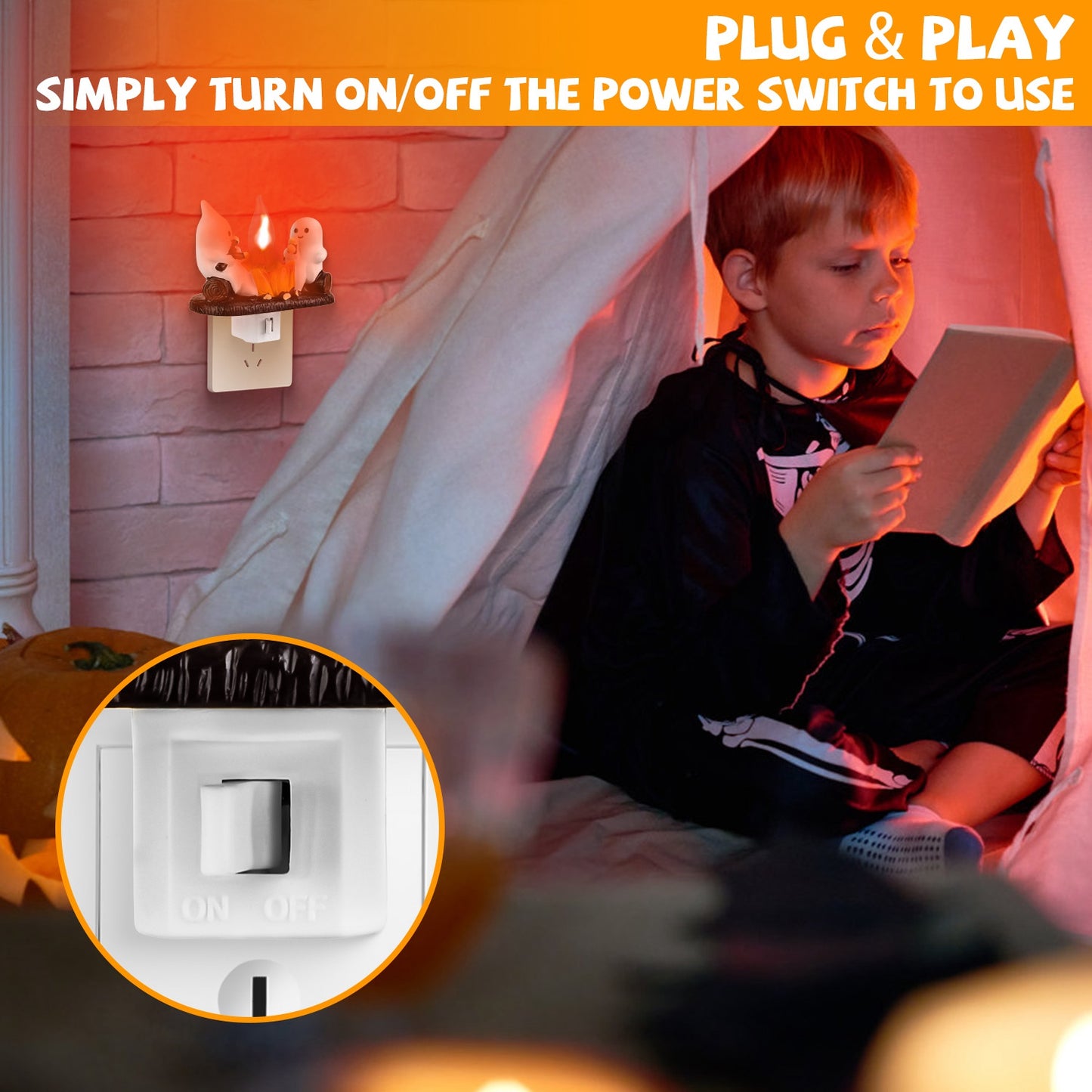 Ghost Campfire Flickering Night Light - Halloween & Bedroom Decor, Pack of 2