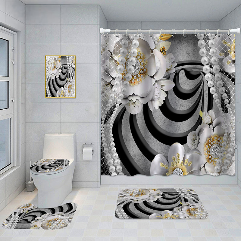 Bathroom 5-Piece Shower Curtain Set with Mat and Decorative Aluminum Frame