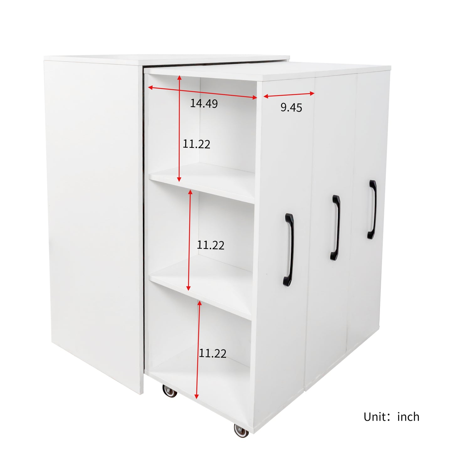 3-Tier Bookcase with Sliding Doors and Wheels - White