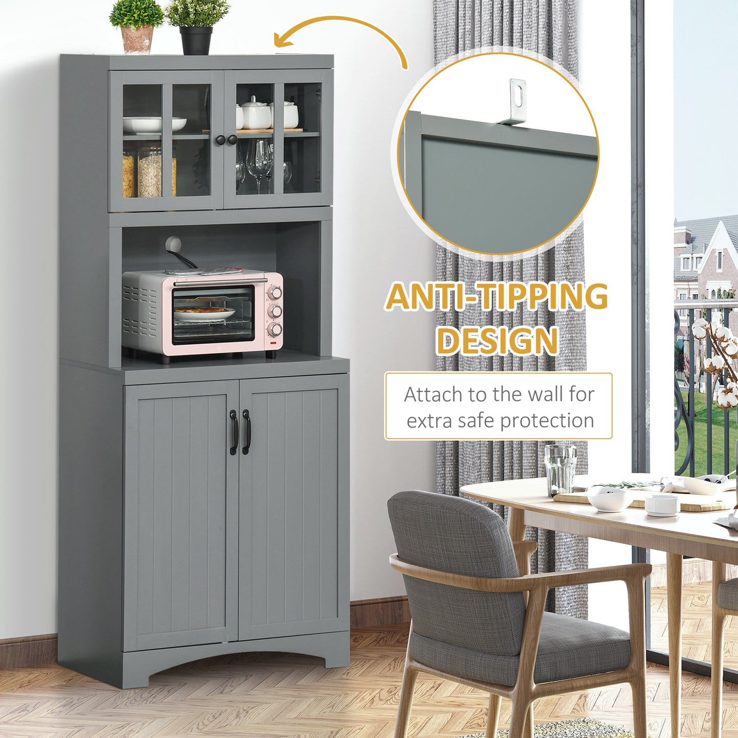 70" Kitchen Storage Cabinet with Adjustable Shelves & Microwave Space - Gray