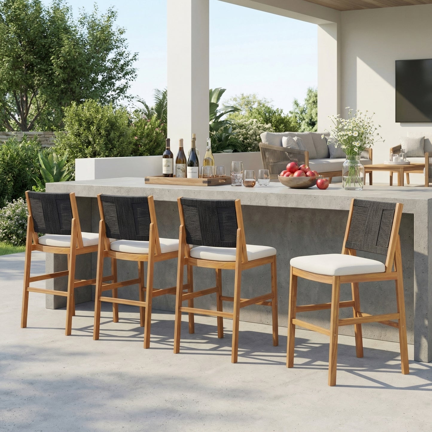 4-Piece Black Outdoor Bar Stool Set - Solid Acacia Wood & Wicker