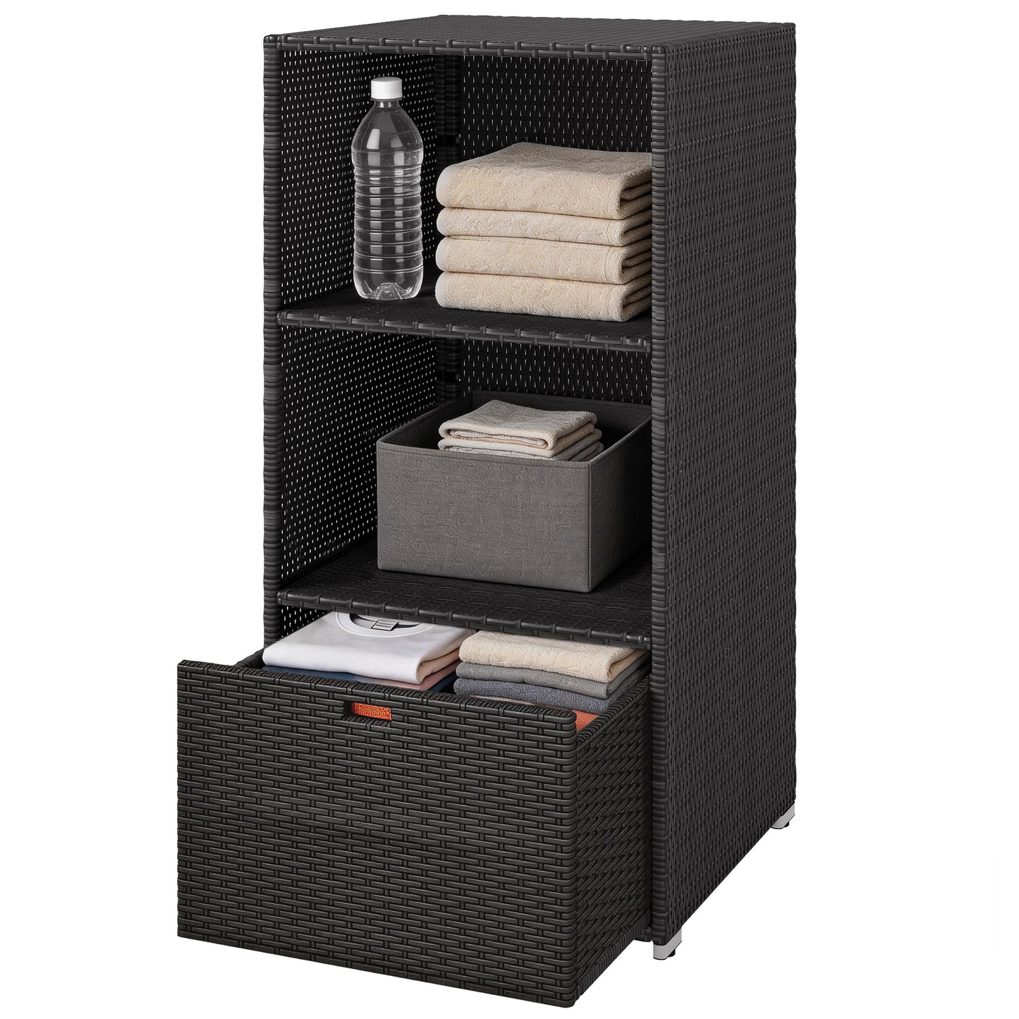 Water-Resistant Pool Towel Rack with 2 Shelves and Basket Drawer