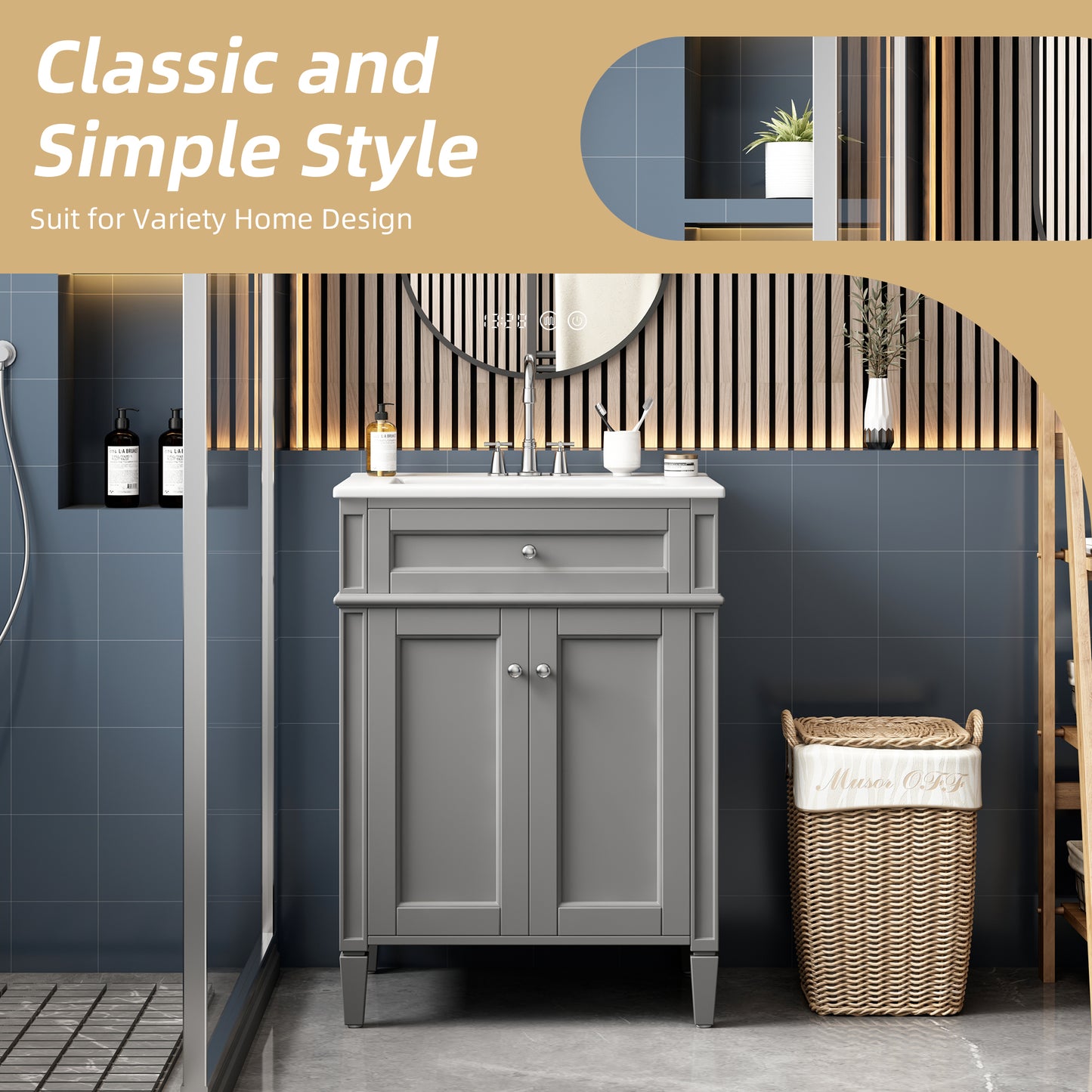 24-Inch Gray Bathroom Vanity with Soft-Closing Doors & Drawer