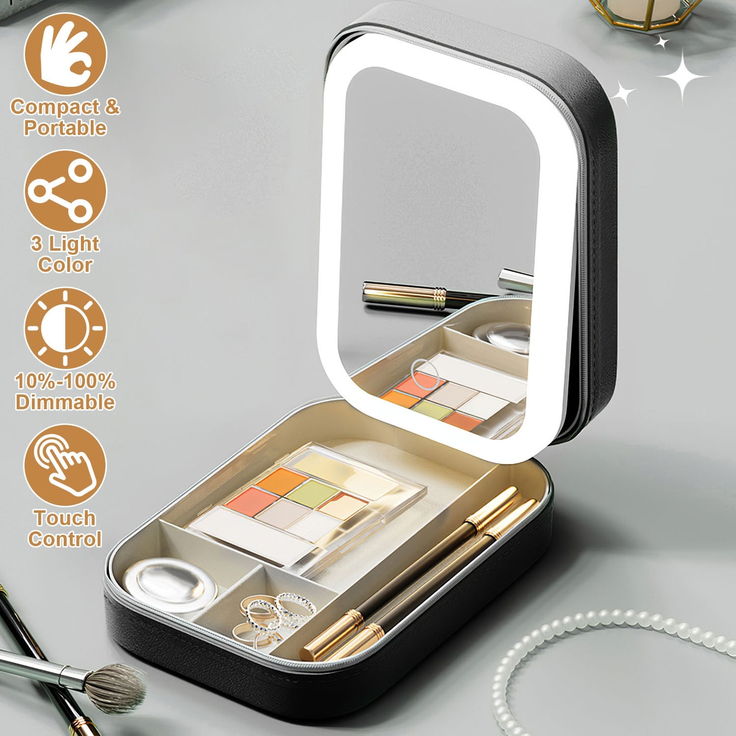 Portable Travel Makeup Bag with Rechargeable LED Mirror and 4 Compartments