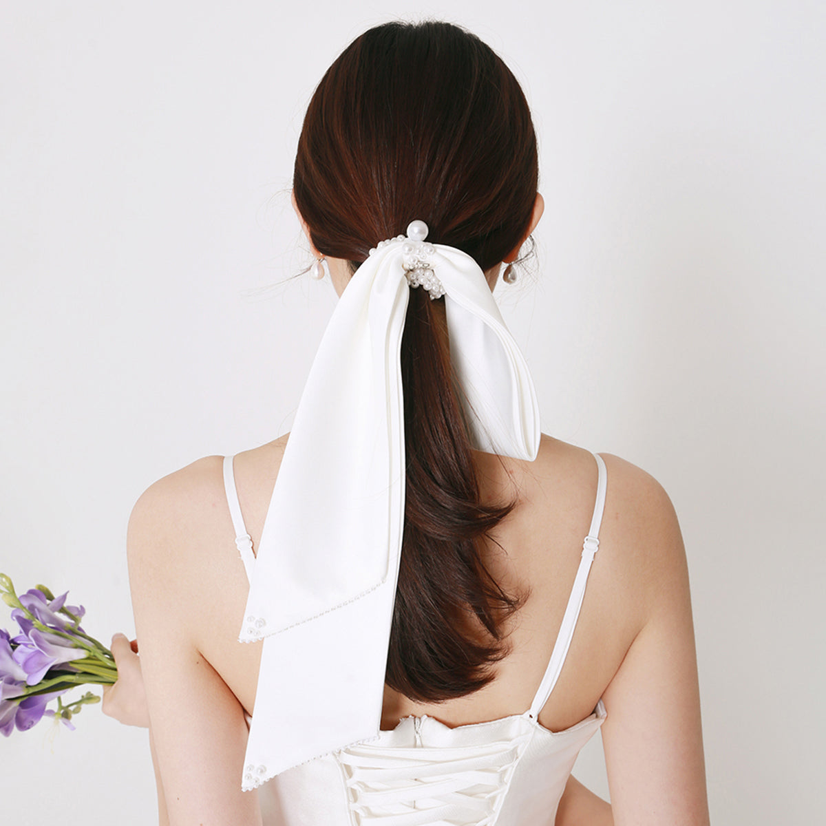 White Satin Pearl Bow Hair Loop