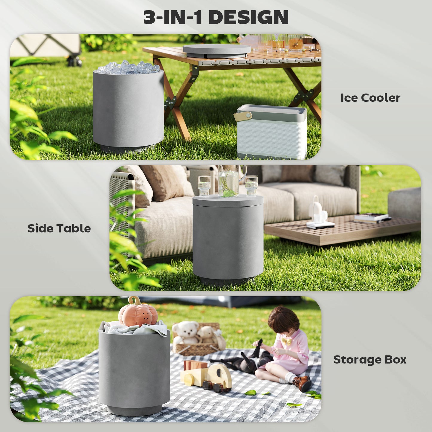 2.6 Gal Outdoor Cooler Table - 3-in-1 Storage & Ice Bucket - Gray
