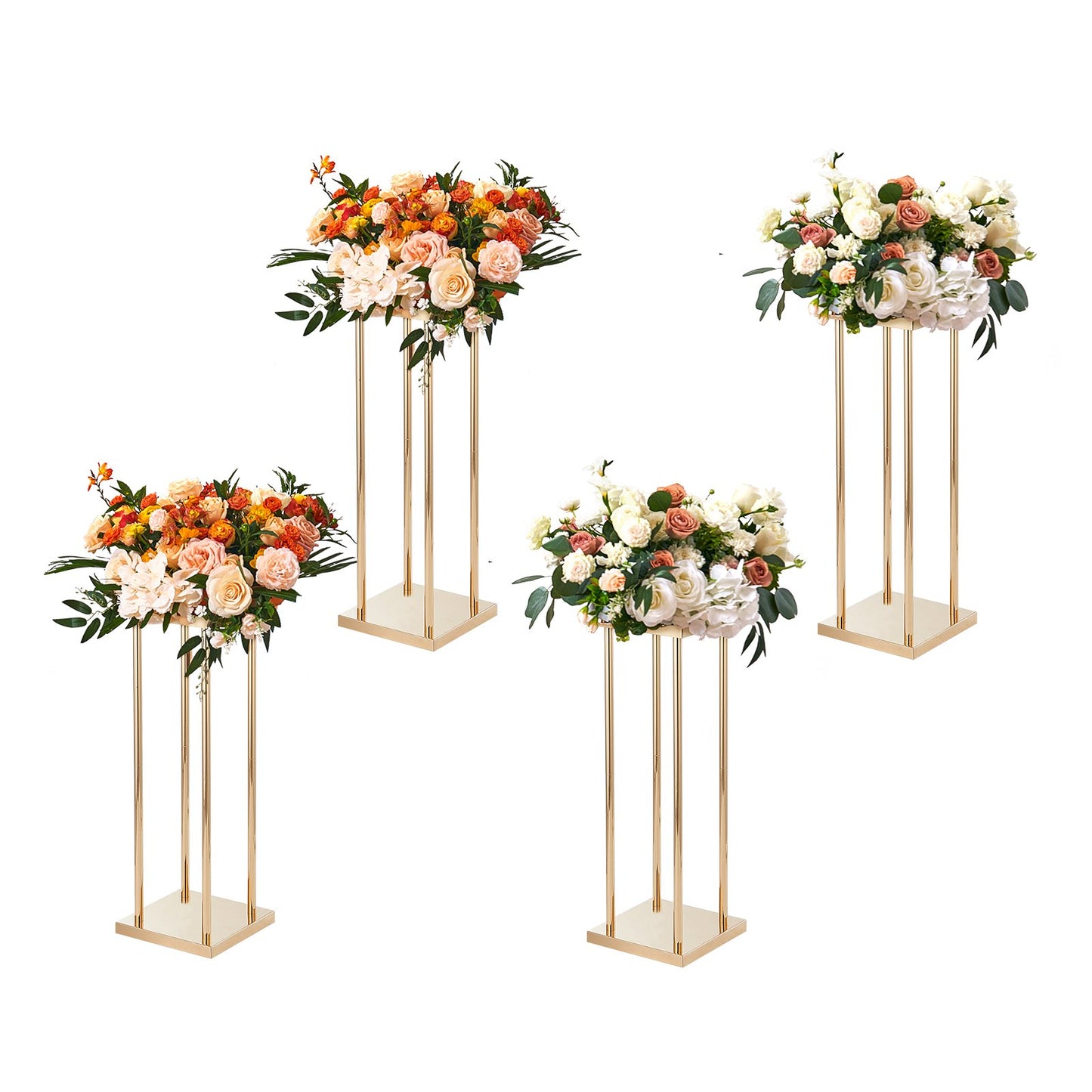 Set of 4 Gold Metal Wedding Flower Stands - 23.6 Inch Tall Cylindrical Floral Display Racks