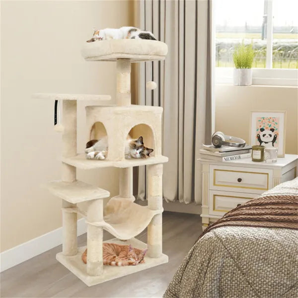 44-Inch Multi-Level Cat Tree with Top Perch, Condo & Hammock - Beige