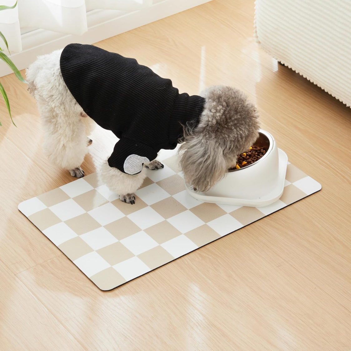 Dog Food & Water Mat - Absorbent, Non-Slip Checkered Pet Placemat - Khaki Beige