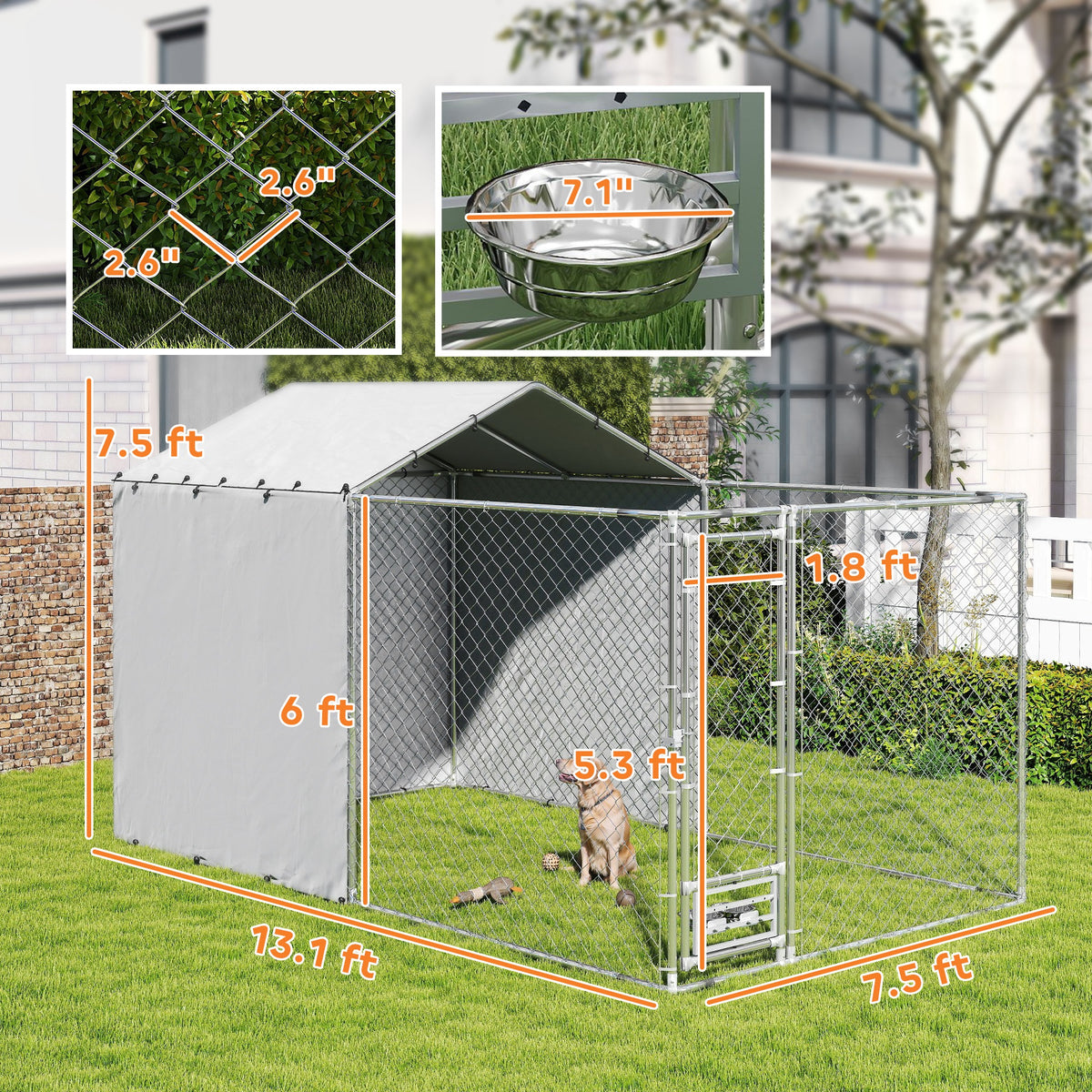 Large Outdoor Dog Kennel with Galvanized Chain Link & Waterproof Cover - Suitable for Medium to Large Dogs