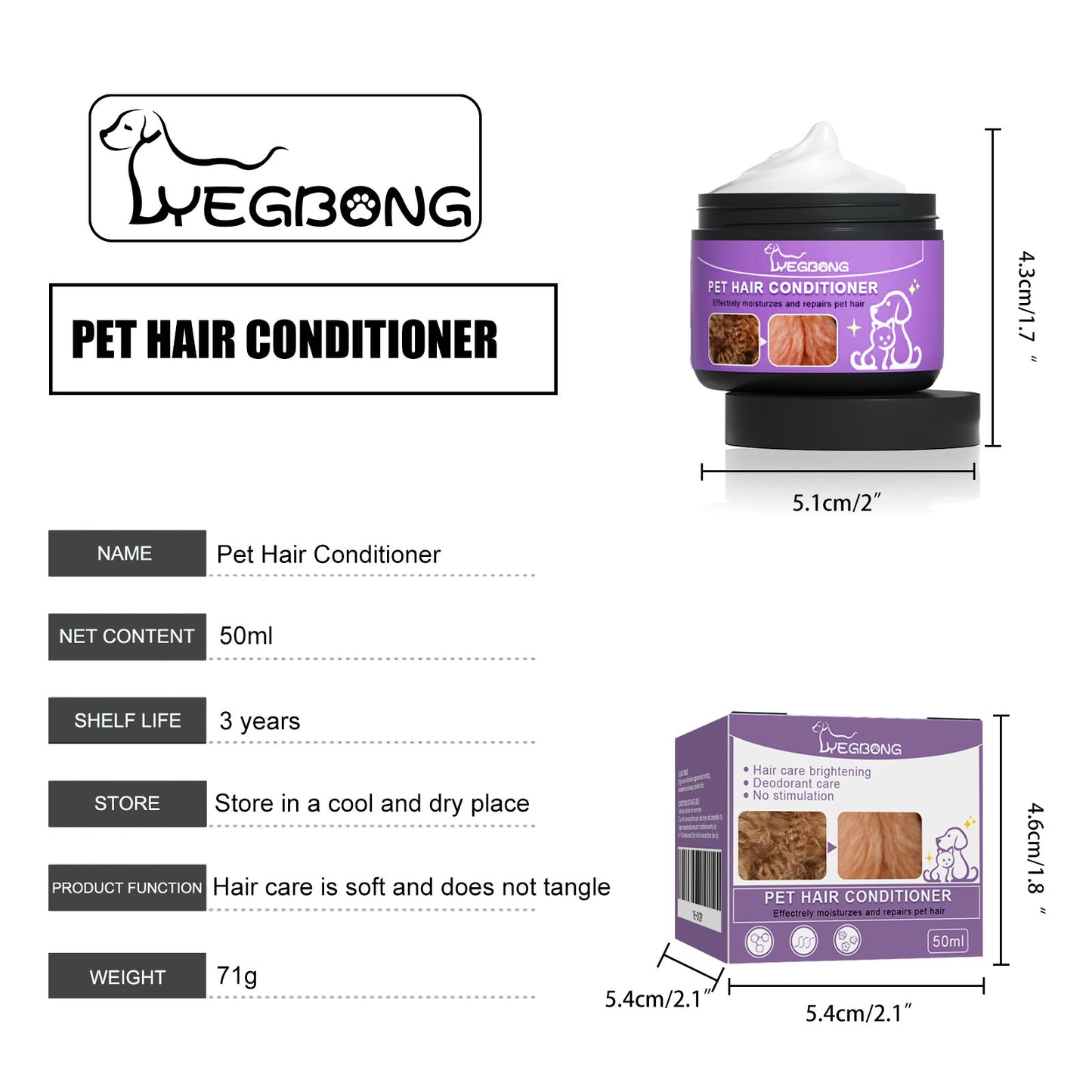 Pet Hair Conditioner for Dogs & Cats - Moisturizing Detangler, Anti-Static, Brightening Fur, 50ml Set