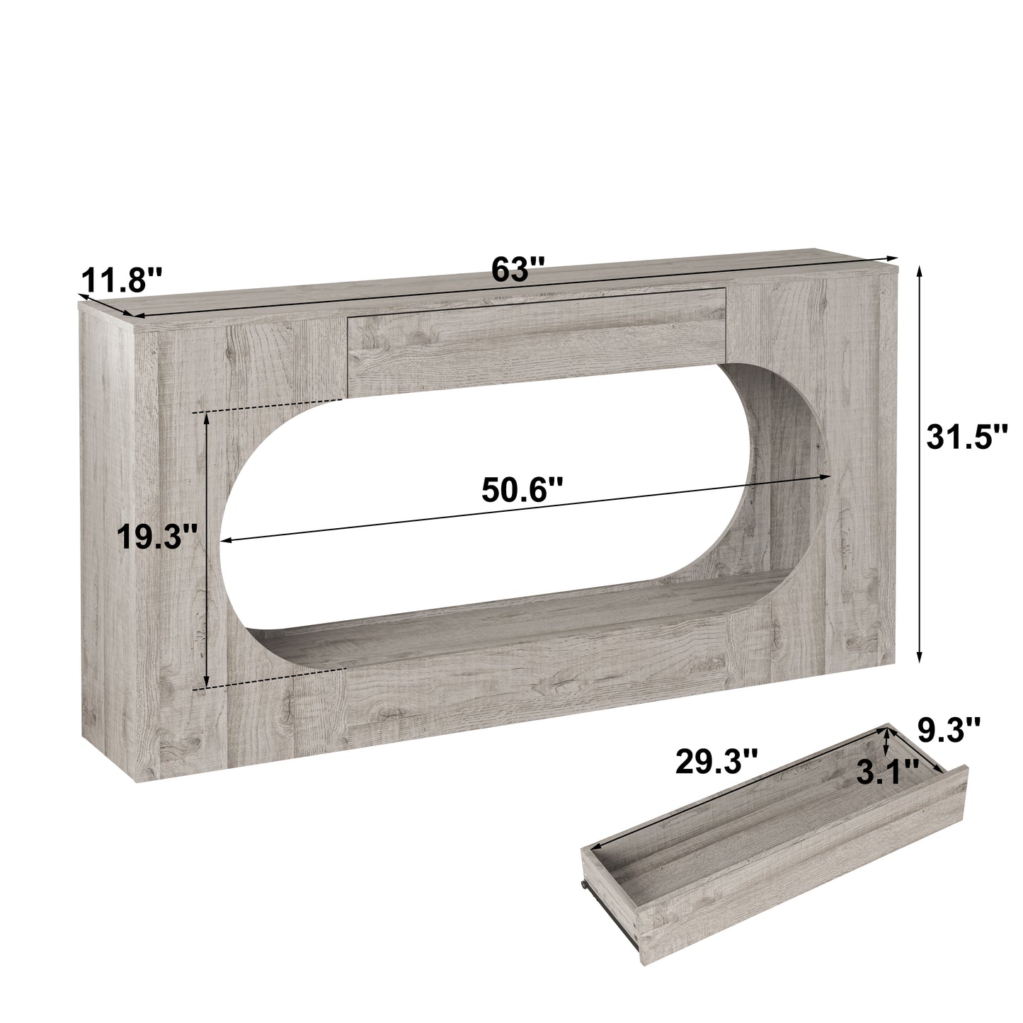 Grey Wood Grain Console Table with Storage Drawer - 63"