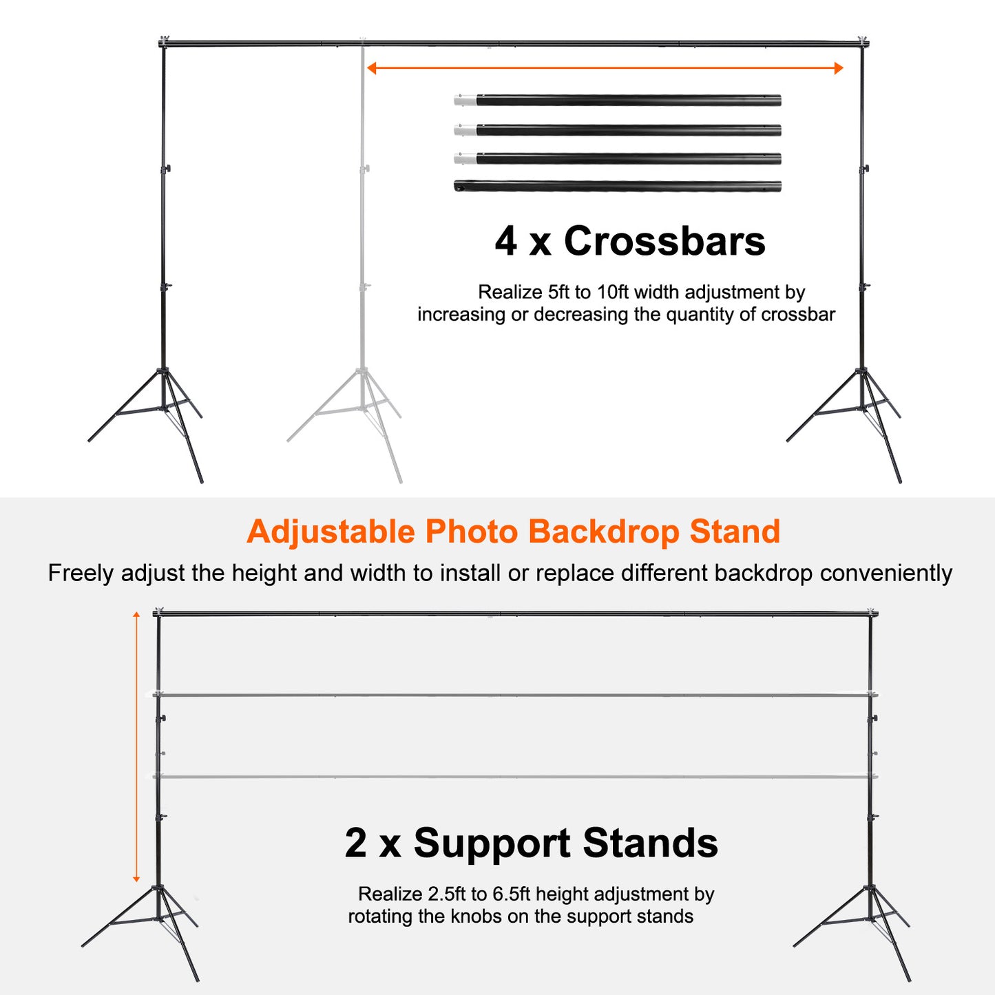 Adjustable Photography Backdrop Stand Set with Carrying Bag - Black
