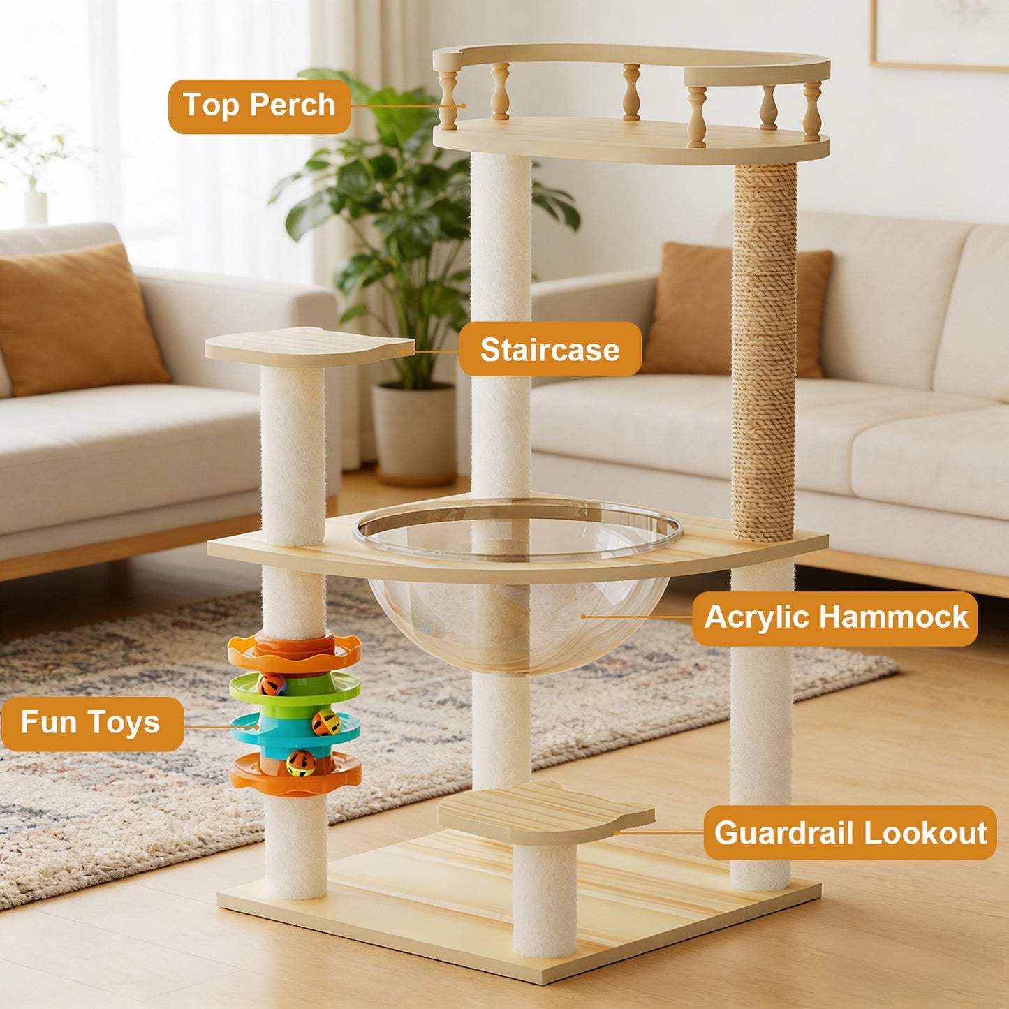 Wood Cat Tower with Sisal Scratching Posts & Top Perch - Modern Cat Tree for Indoor Cats