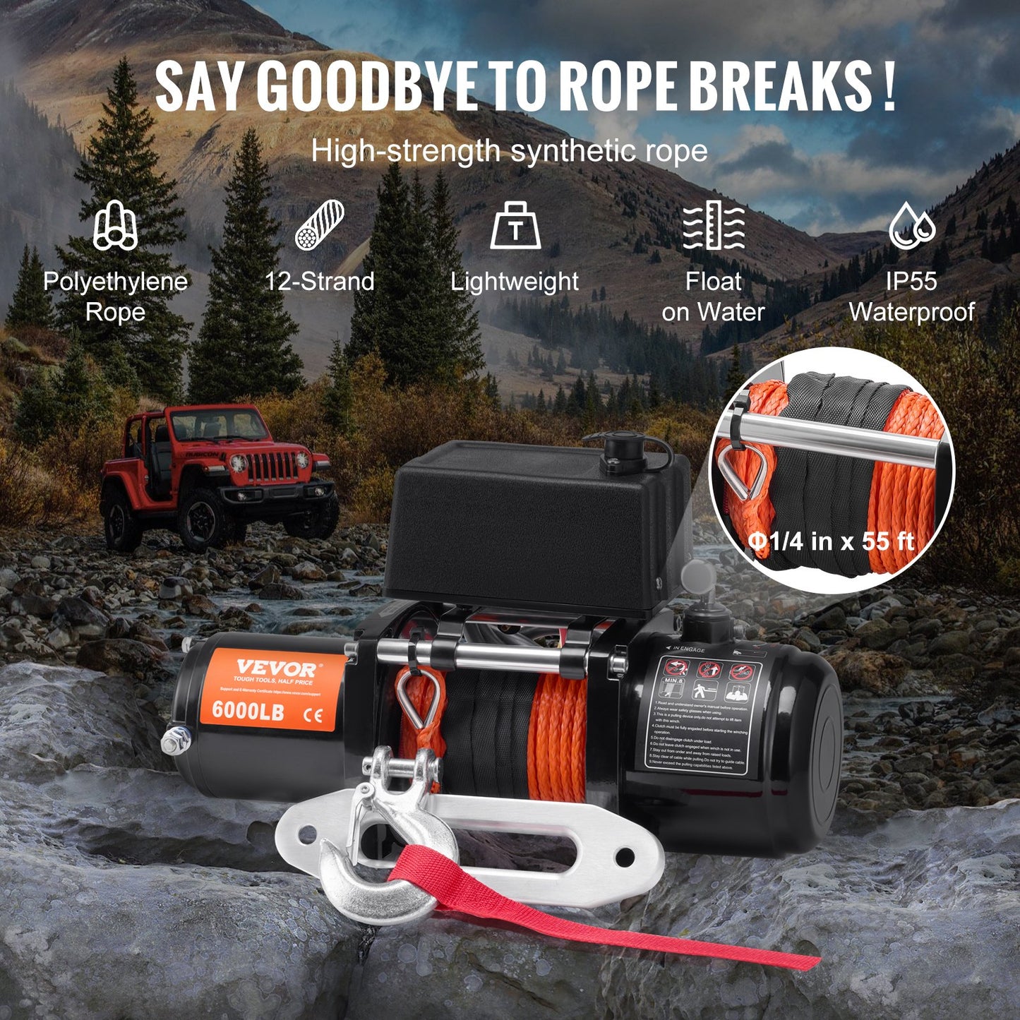 Electric Winch for Trucks 6000 Lb Synthetic Rope Waterproof Remote Control Black