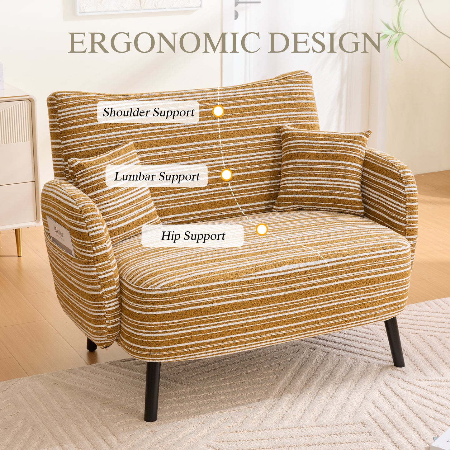 Modern Mustard Yellow Two-Seater Sofa with Storage Pockets