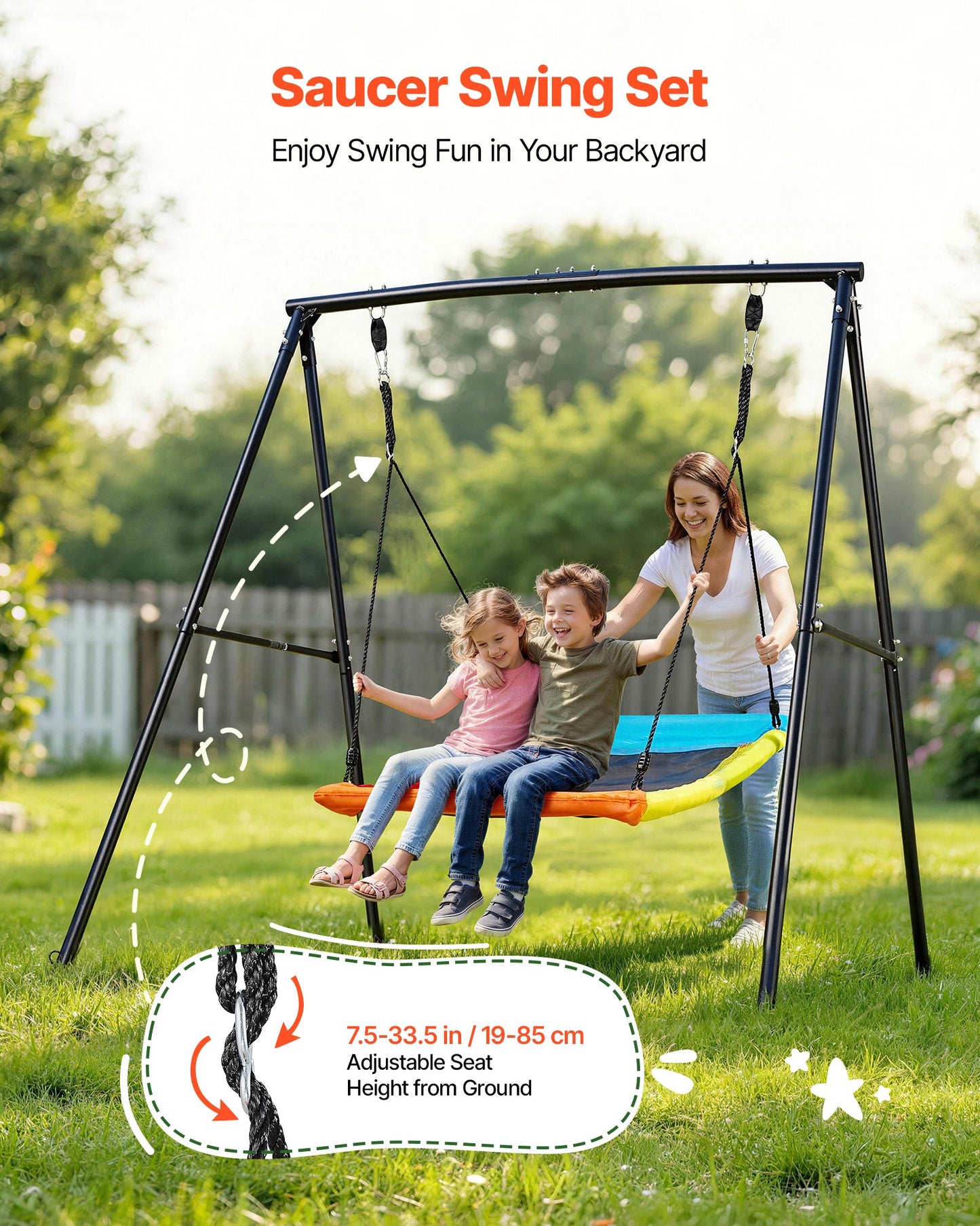 Heavy Duty Backyard Swing Set - 60x32 Inch Seat with Metal Frame & Ground Anchors - Black