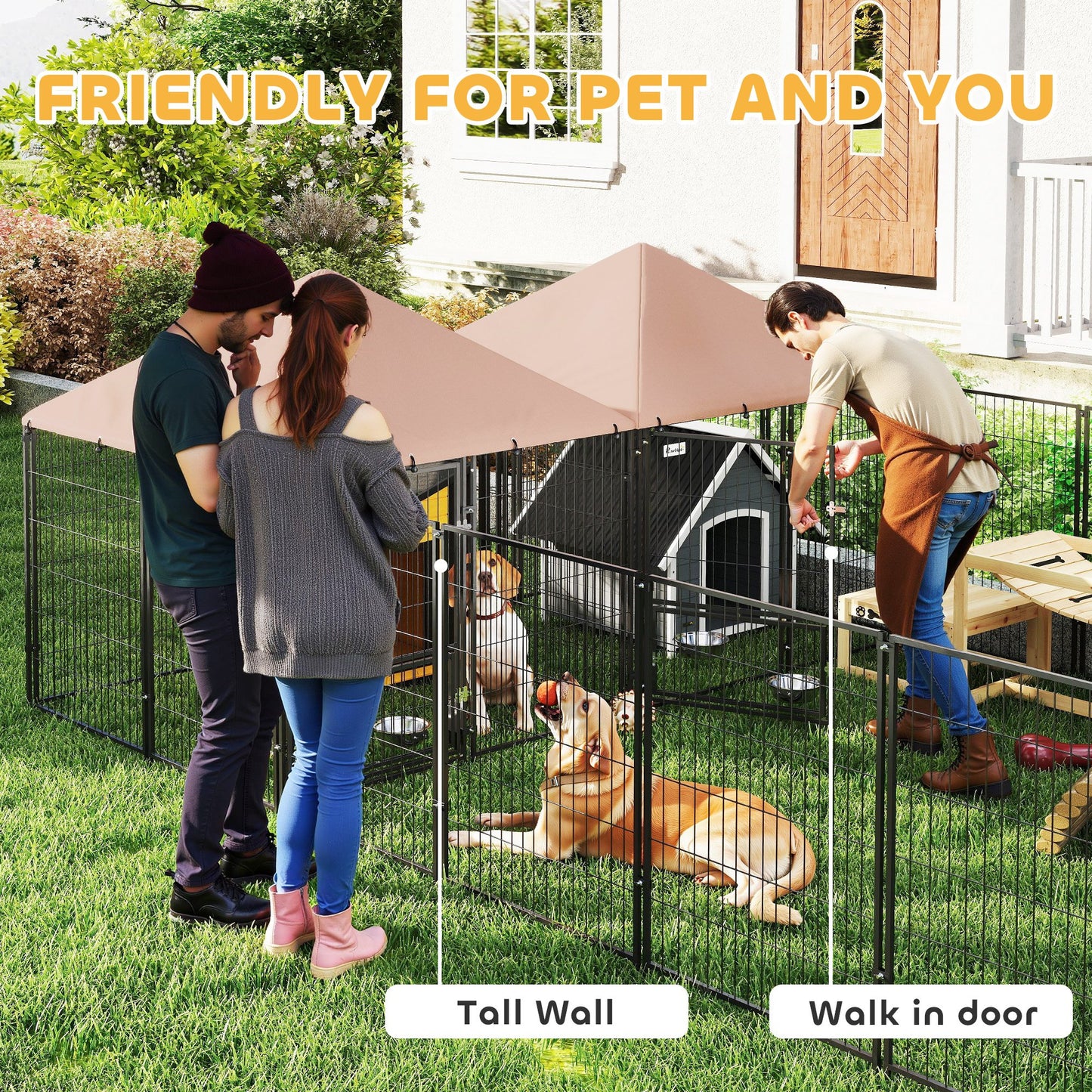 Large Outdoor Dog Kennel with 2 Rooms, Adjustable Bowls, 13.5x9.4x5.1 ft - Waterproof Steel & Oxford Fabric