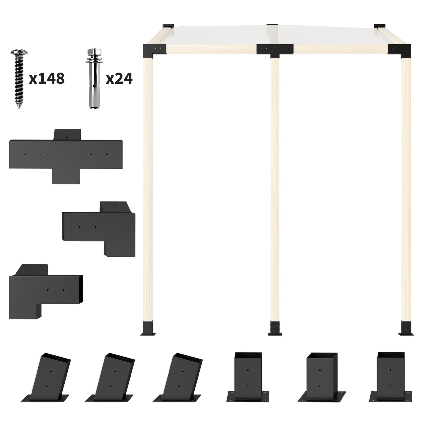 Pergola Kit with 15° Slanted Brackets & Post Bases - Black