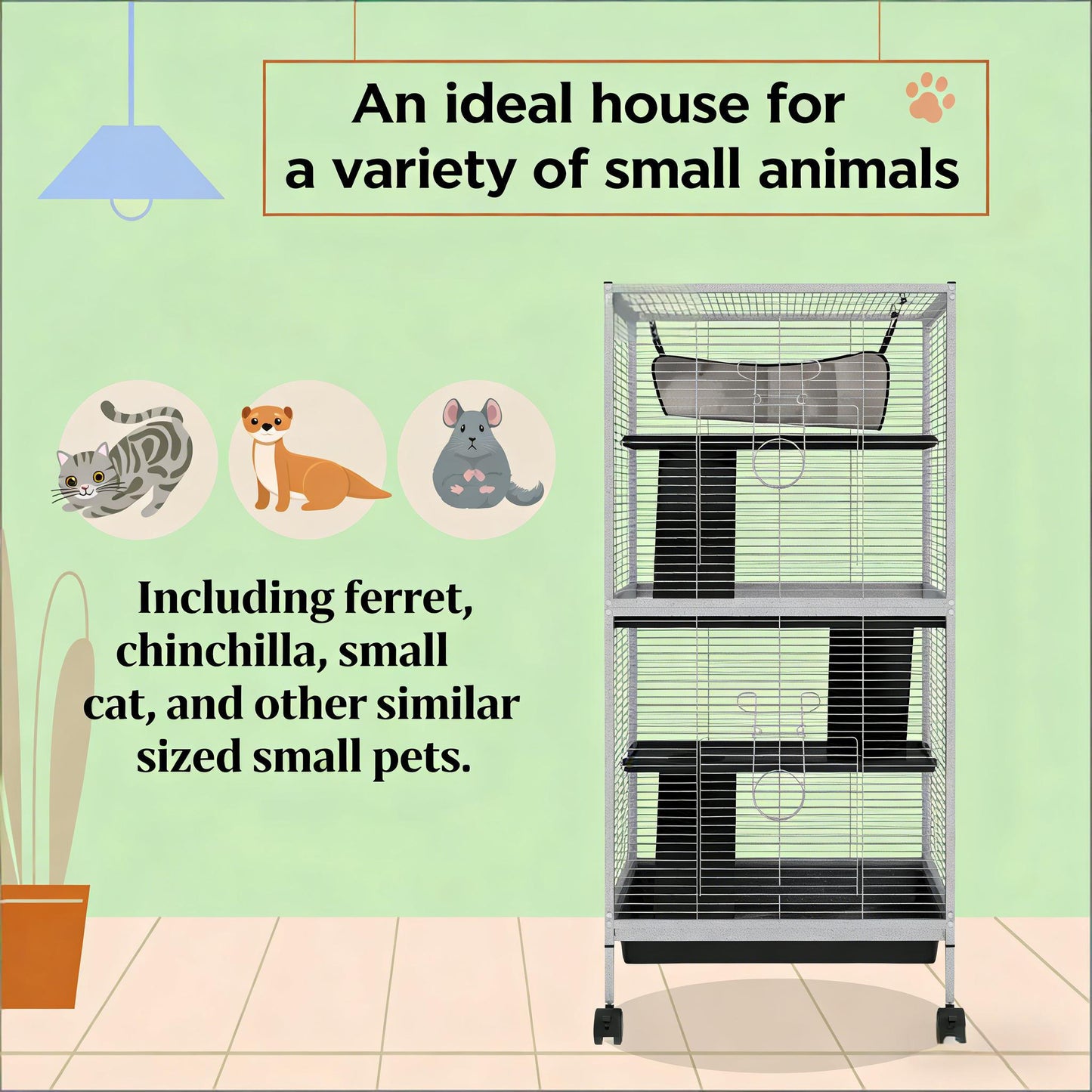 Spacious Small Animal Hutch Cage - Rolling Pet House in White