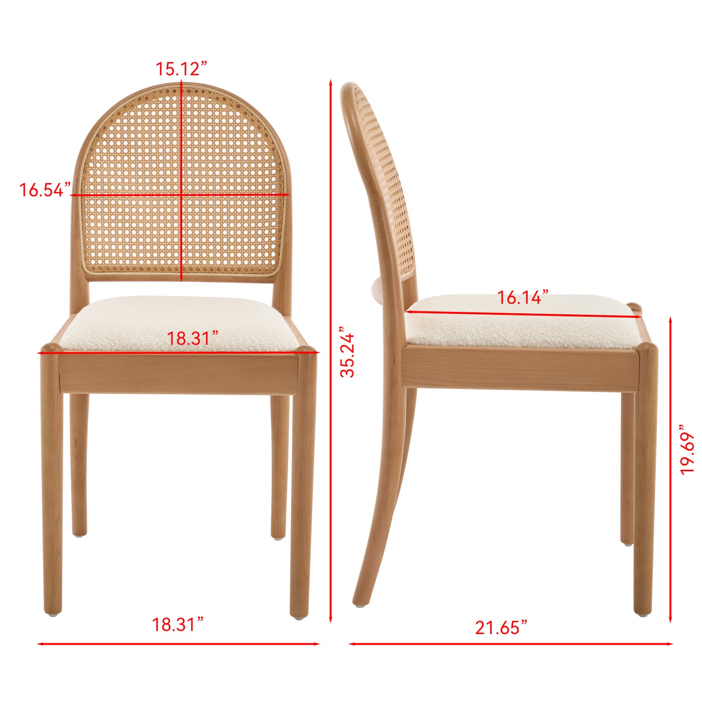 Beige Rattan Dining Chairs Set of 2 - Upholstered Kitchen Seating