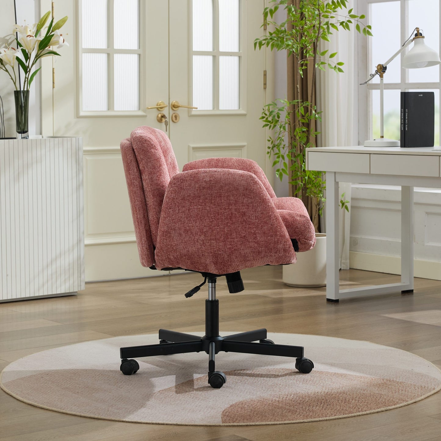Chenille Swivel Office Chair - Adjustable Height & Armrests, Blush Pink
