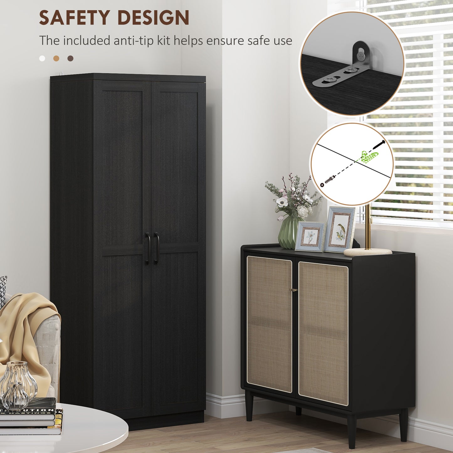 63" Freestanding Kitchen Pantry Cabinet with Adjustable Shelves - Black Wood Grain