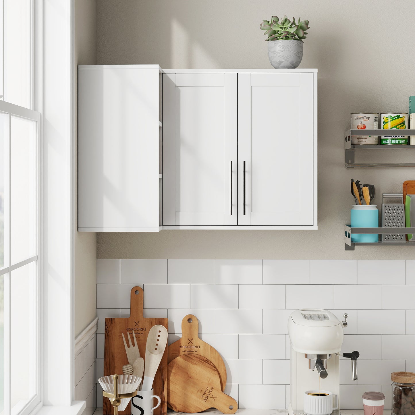 L Shape Wall Mounted Kitchen Sideboard Cabinet - White