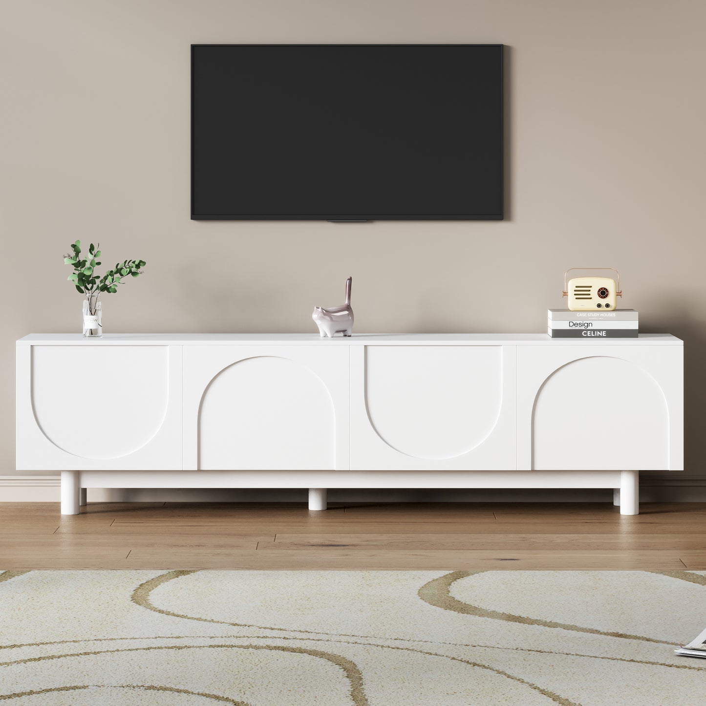 Minimalist TV Stand with Arch Cabinets for TVs Up to 78" - White