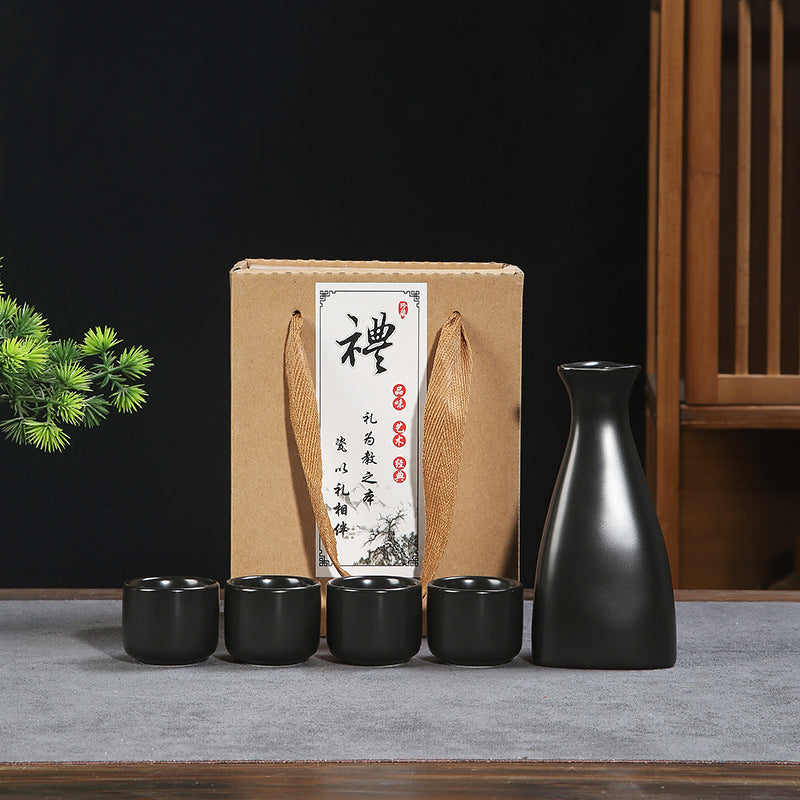 Elegant Wine Pot Set with Four Glasses - Matte Black Porcelain Home Barware
