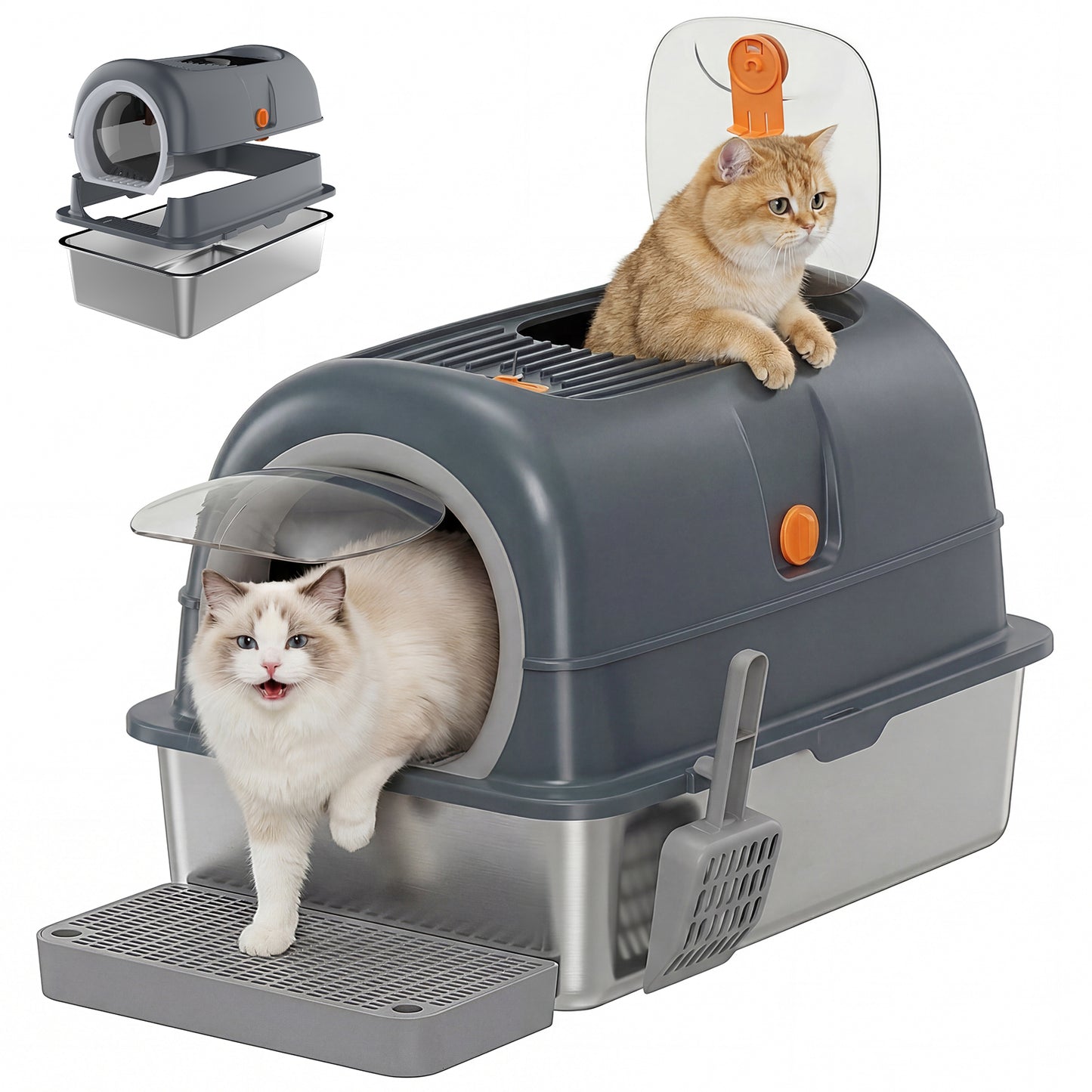 Double-Entry Convertible Cat Litter Box with Lid and Storage