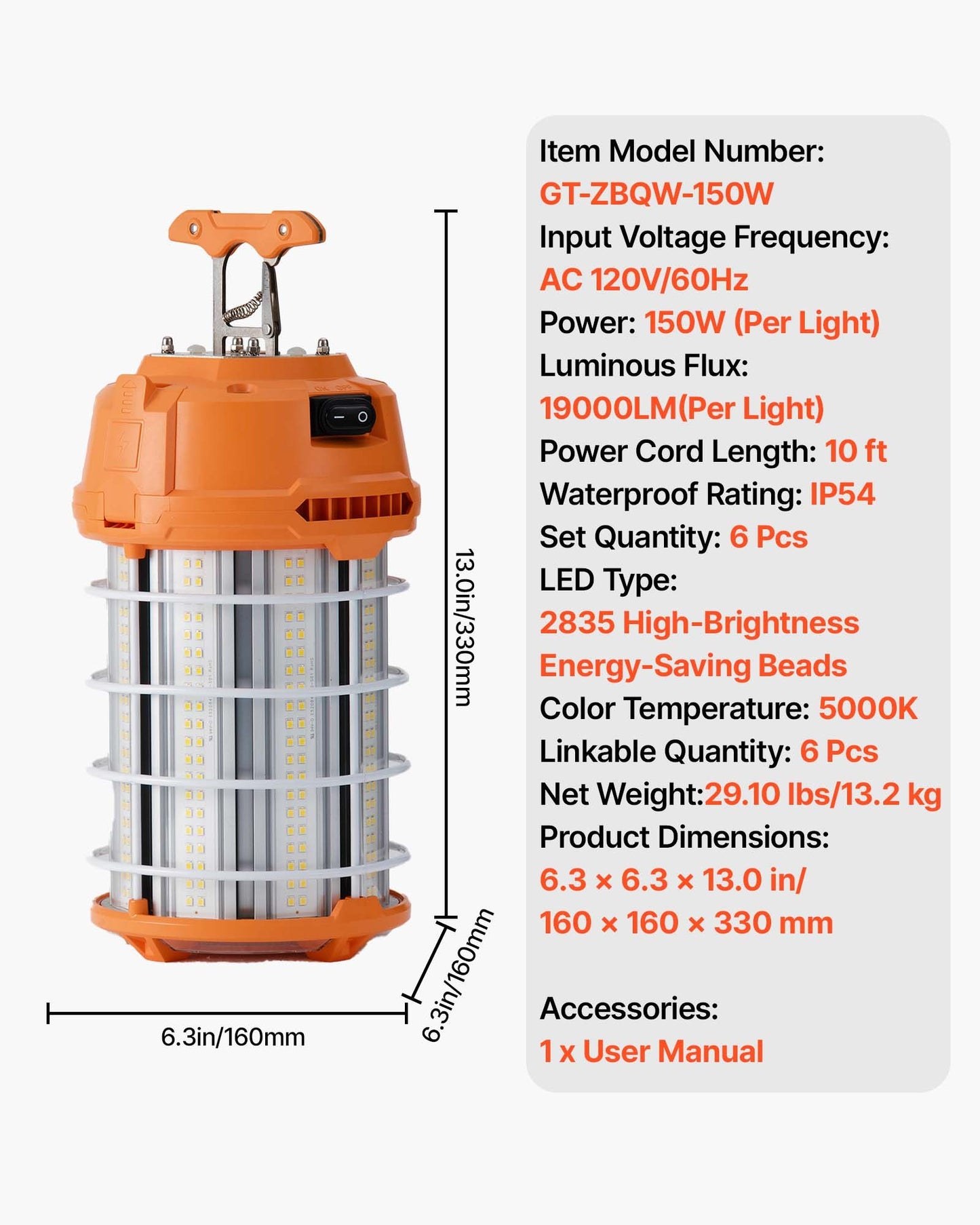 150W LED Work Light - 19000 Lumens, Waterproof & Linkable Construction Lighting