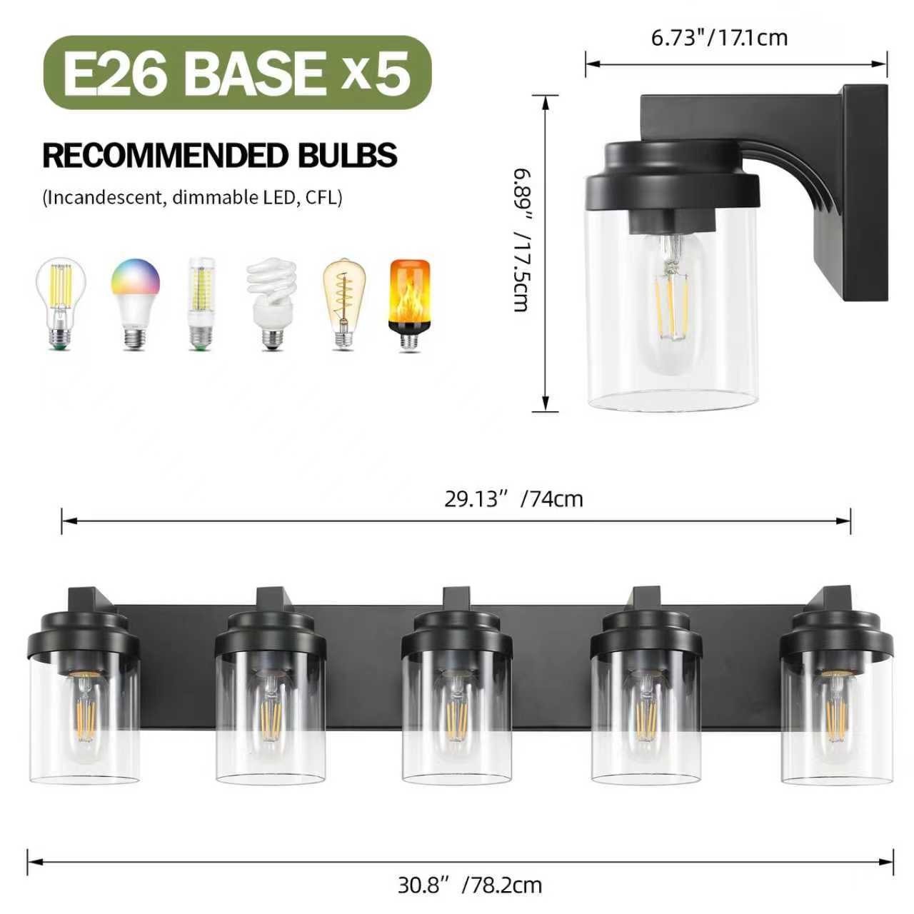 5-Light Bathroom Vanity Light Fixture - Matte Black with Glass Shades