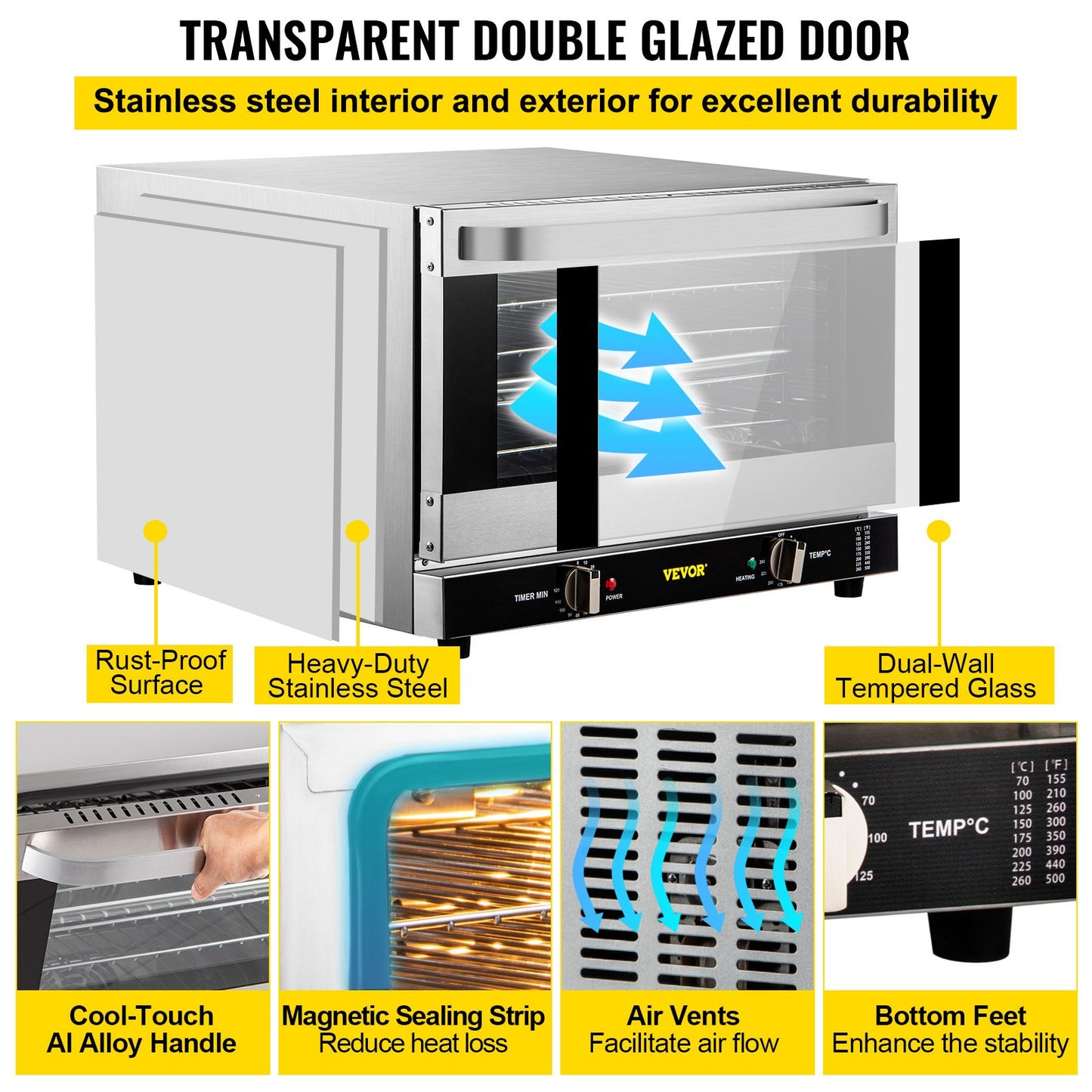 Commercial Convection Oven 66L Countertop Electric Baking Oven with Glass Door - Silver