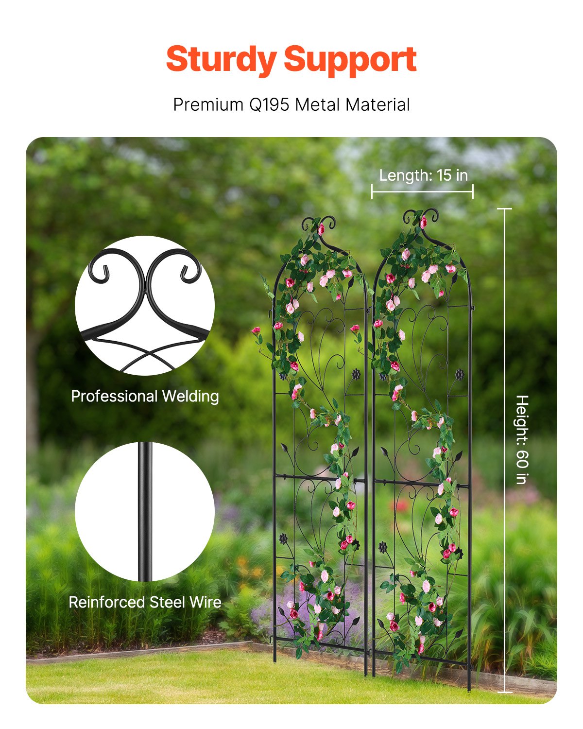 Rustproof Metal Garden Trellis Support for Climbing Plants 60x15 Inches - Black, 2 Pack
