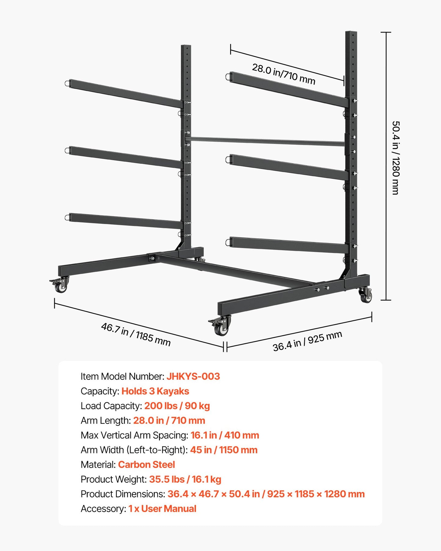 Heavy Duty Kayak Storage Rack for 3 Kayaks, Canoes & SUPs - Indoor/Outdoor Garage Stand with Lockable Wheels