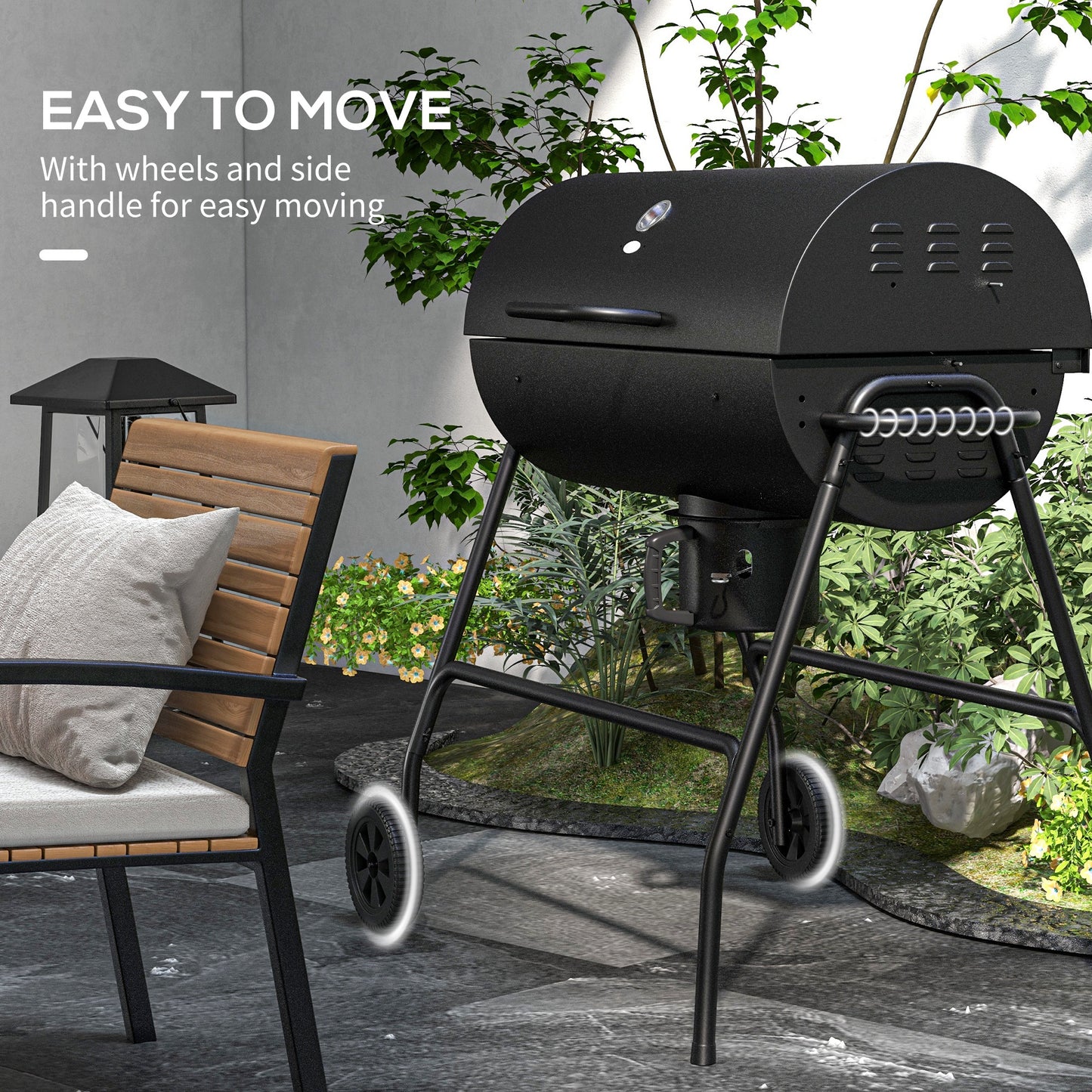 Charcoal Barrel BBQ Grill with Ash Catcher & Wheels - Black