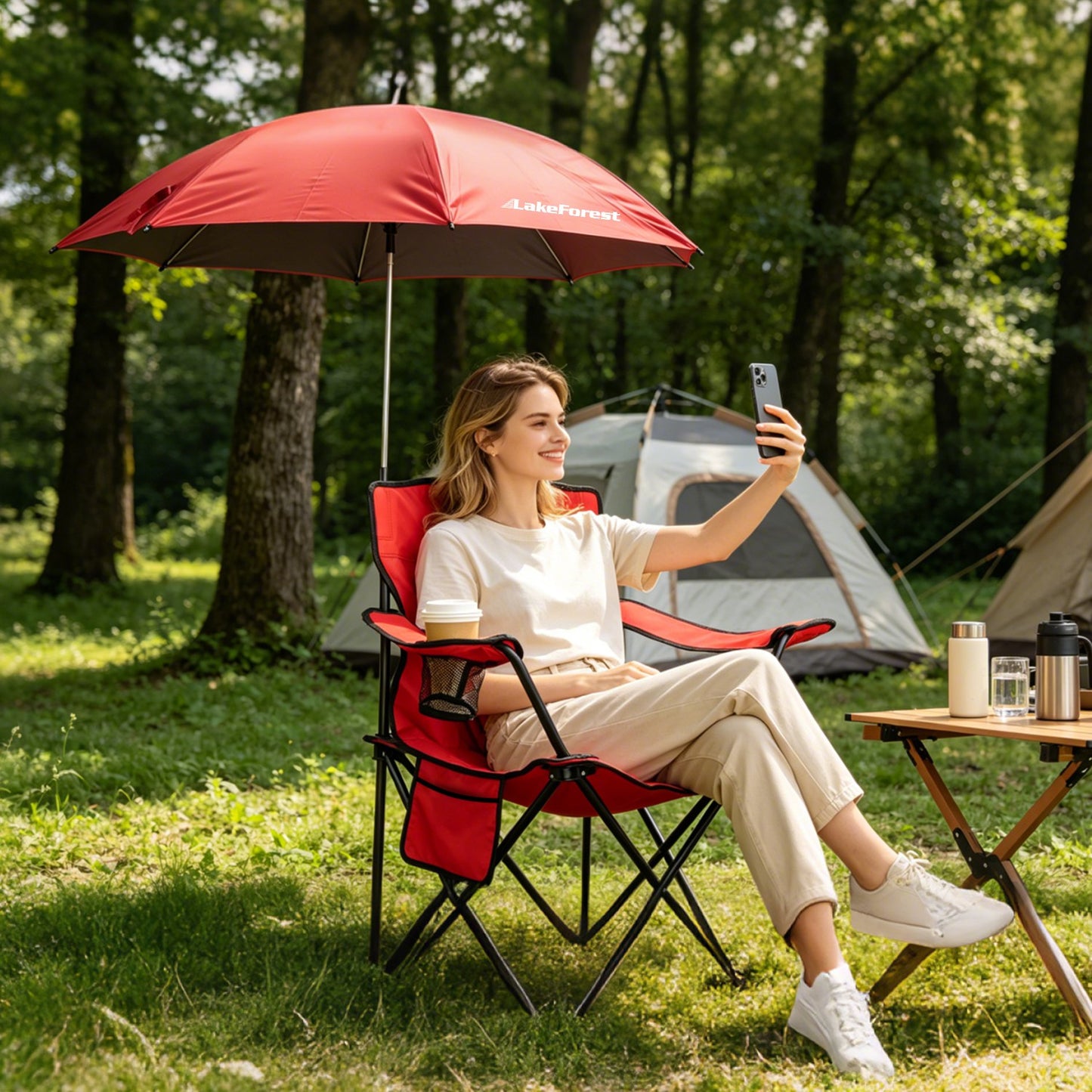 Foldable Camping Chair with Umbrella & Cup Holder - 330LBS