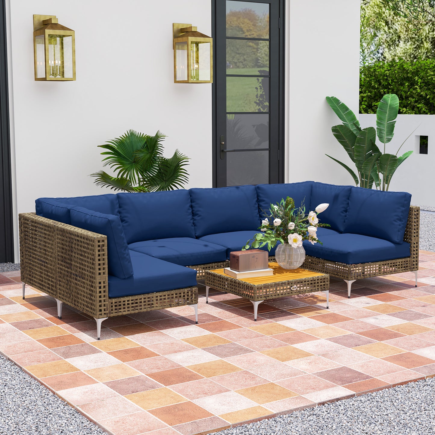 7-Piece Modular Wicker Patio Furniture Set with Cushions - Brown/Blue