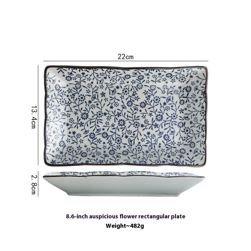 Ceramic Rectangular Plate Set - Antique Under-Glaze Dinnerware for Kitchen