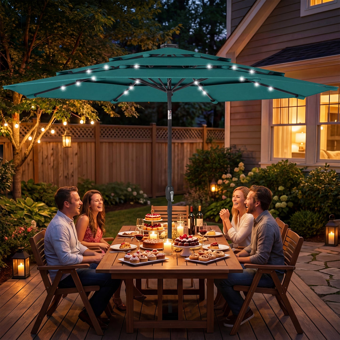 9.7 ft Solar LED Patio Umbrella with Tilt & Crank - Teal