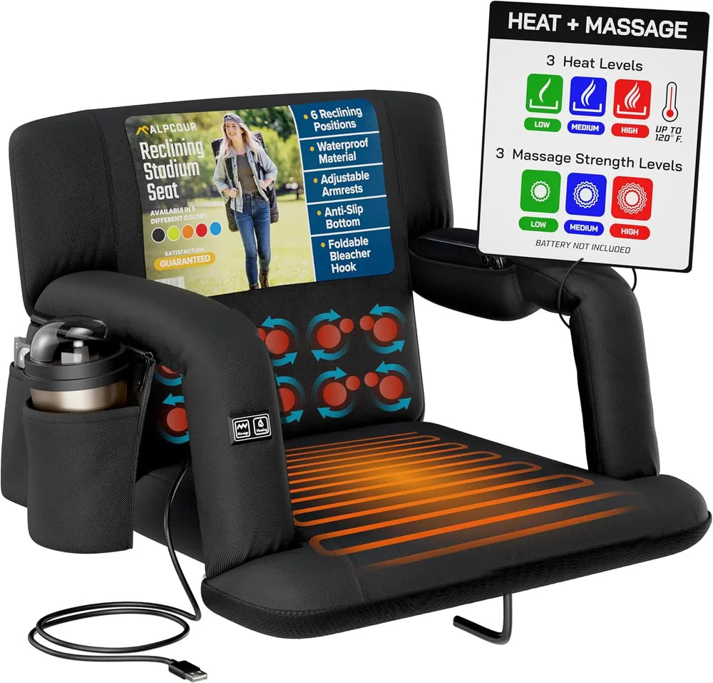 Heated Massage Reclining Stadium Seat with Back Support - Black 21"