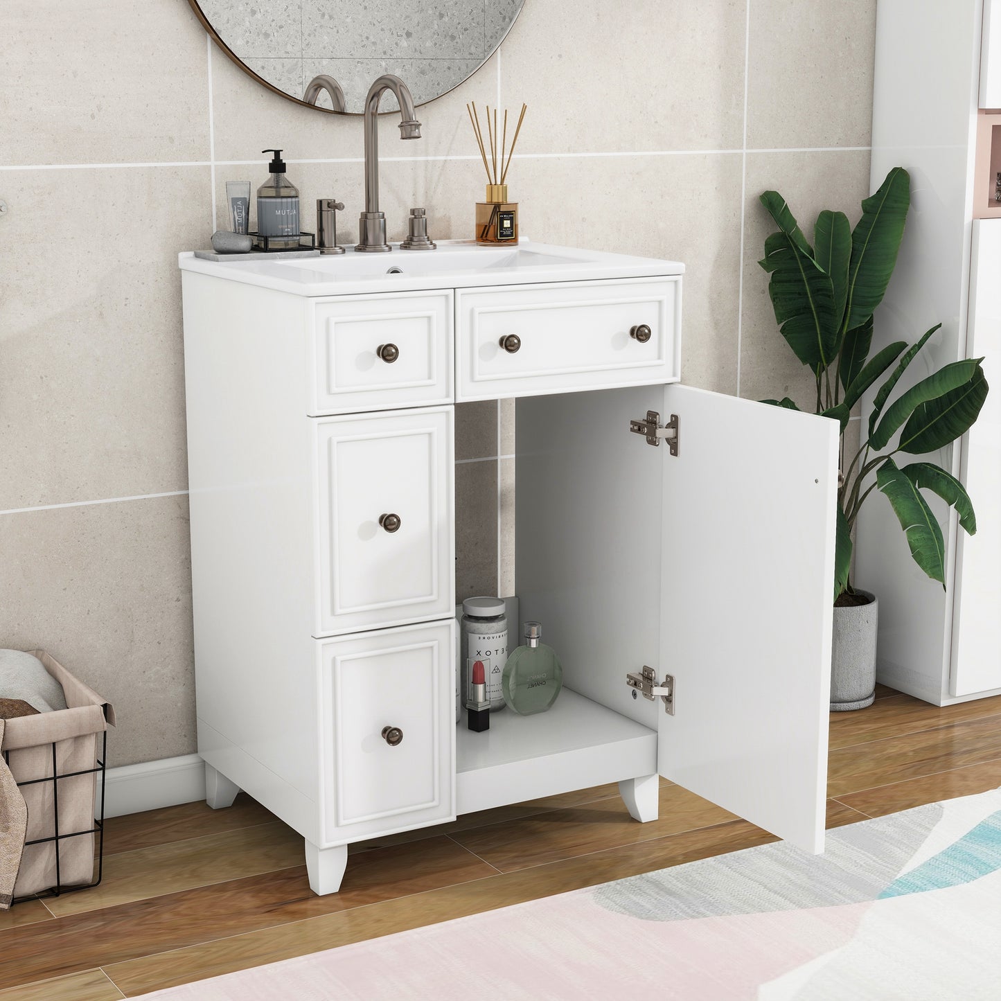 24-Inch Bathroom Vanity Cabinet with Ceramic Sink, 2 Drawers, White