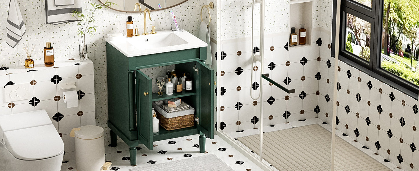 24-Inch Green Bathroom Vanity with Ceramic Sink & Storage