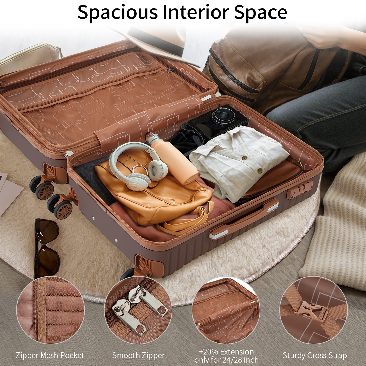 4-Piece Lightweight ABS Hard Shell Luggage Set with Packing Cubes - Brown